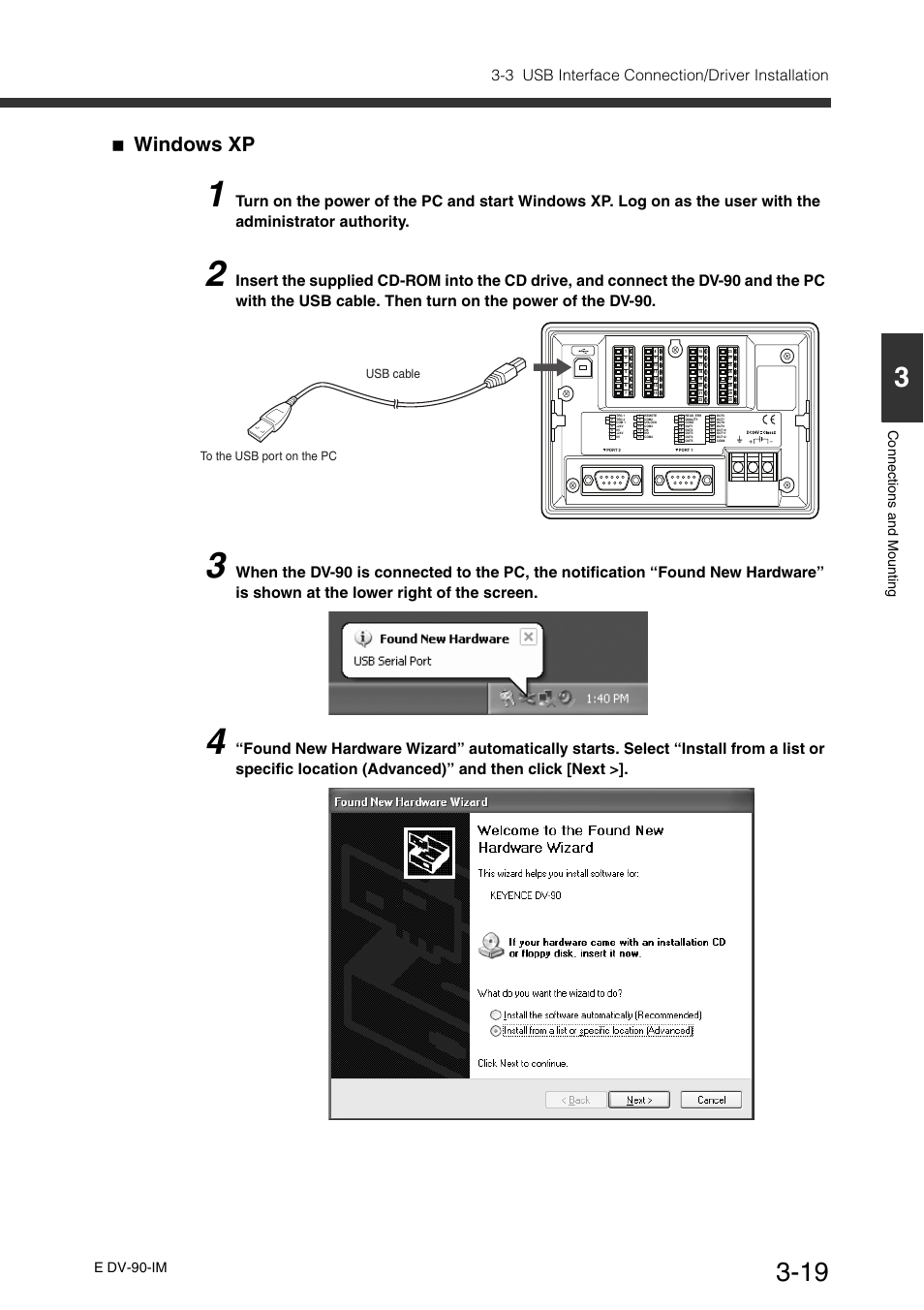 Windows xp, 3 usb interface connection/driver installation, Con necti ons and m ounti ng e dv-90-im | KEYENCE DV-90 User Manual | Page 53 / 262