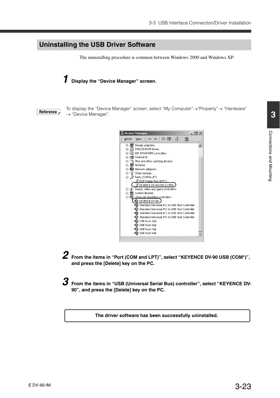 Uninstalling the usb driver software, Uninstalling the usb driver software -23 | KEYENCE DV-90 User Manual | Page 57 / 262