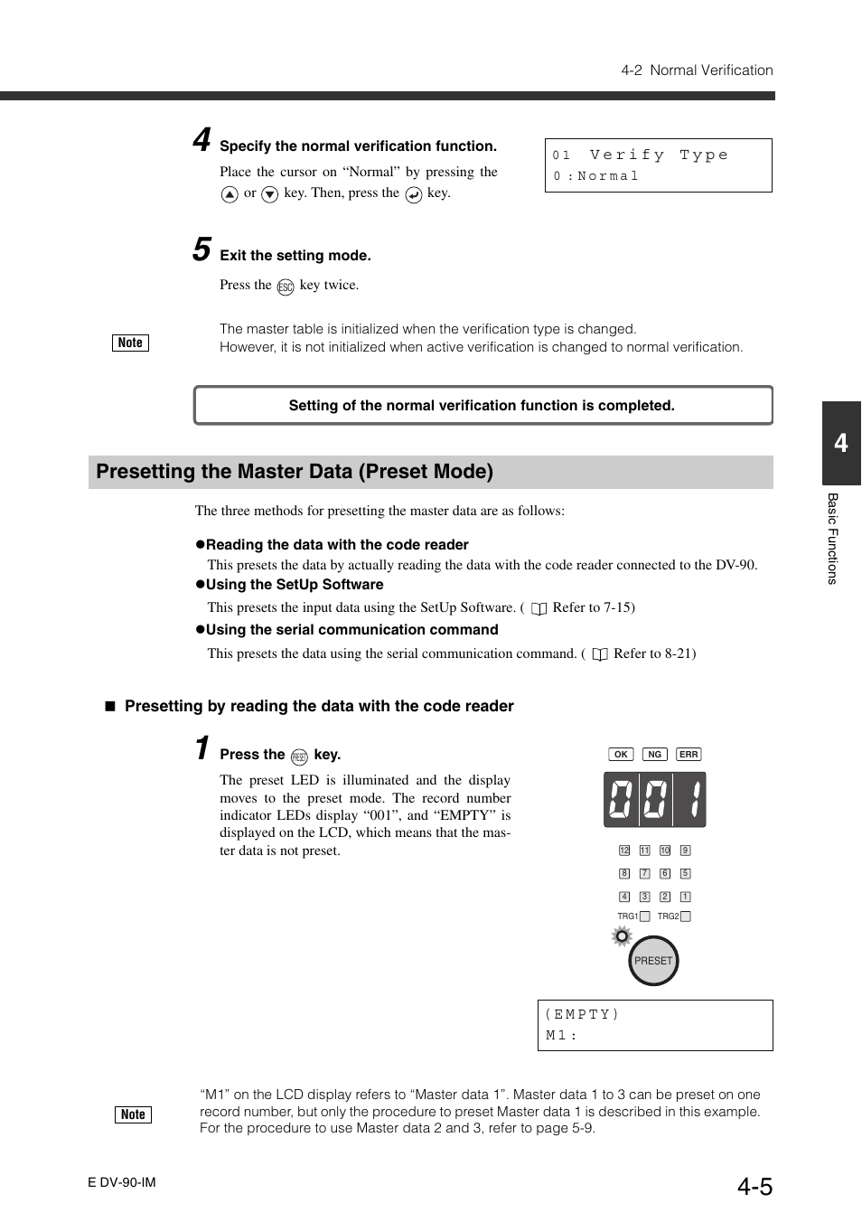 Presetting the master data (preset mode), Presetting the master data (preset mode) -5 | KEYENCE DV-90 User Manual | Page 65 / 262