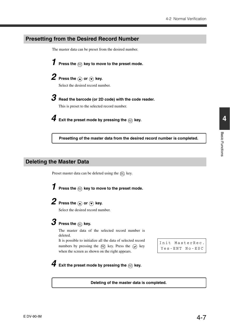 Presetting from the desired record number, Deleting the master data | KEYENCE DV-90 User Manual | Page 67 / 262