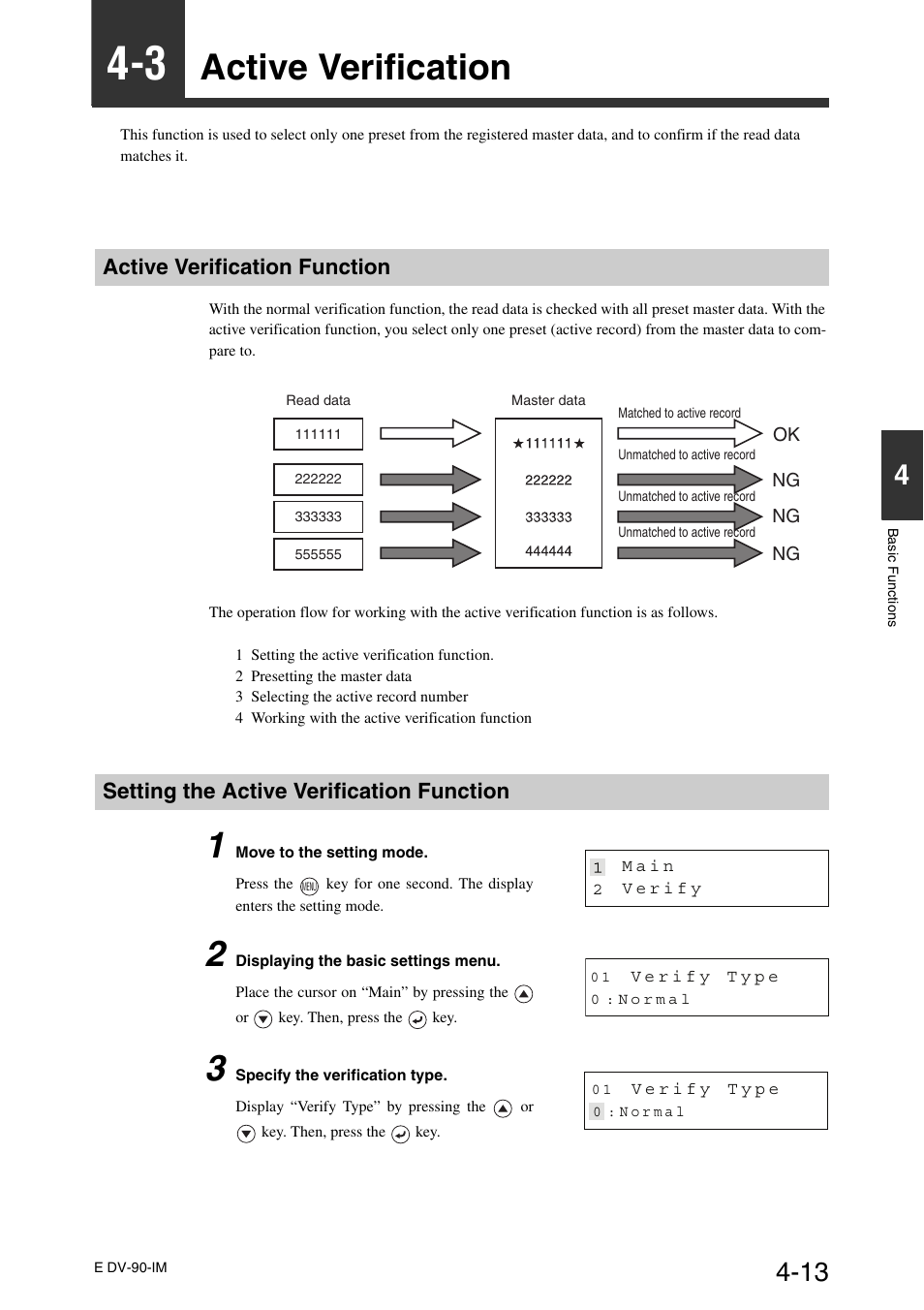 3 active verification, Active verification function, Setting the active verification function | Active verification -13, Active verification | KEYENCE DV-90 User Manual | Page 73 / 262