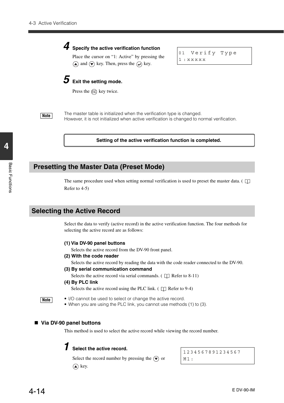 Presetting the master data (preset mode), Selecting the active record | KEYENCE DV-90 User Manual | Page 74 / 262