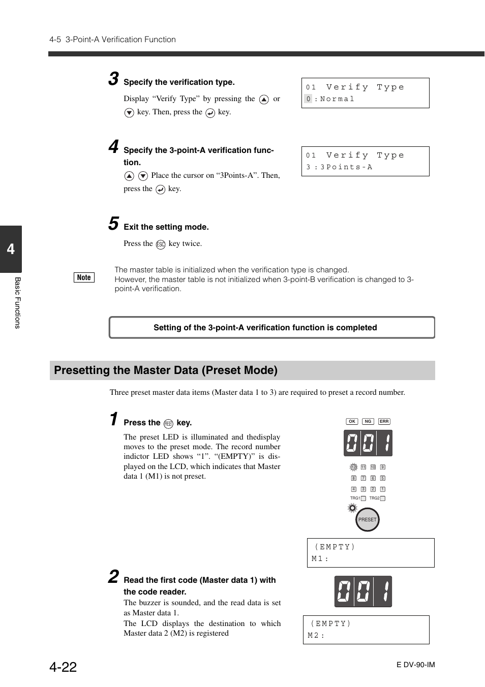 Presetting the master data (preset mode), Presetting the master data (preset mode) -22 | KEYENCE DV-90 User Manual | Page 82 / 262