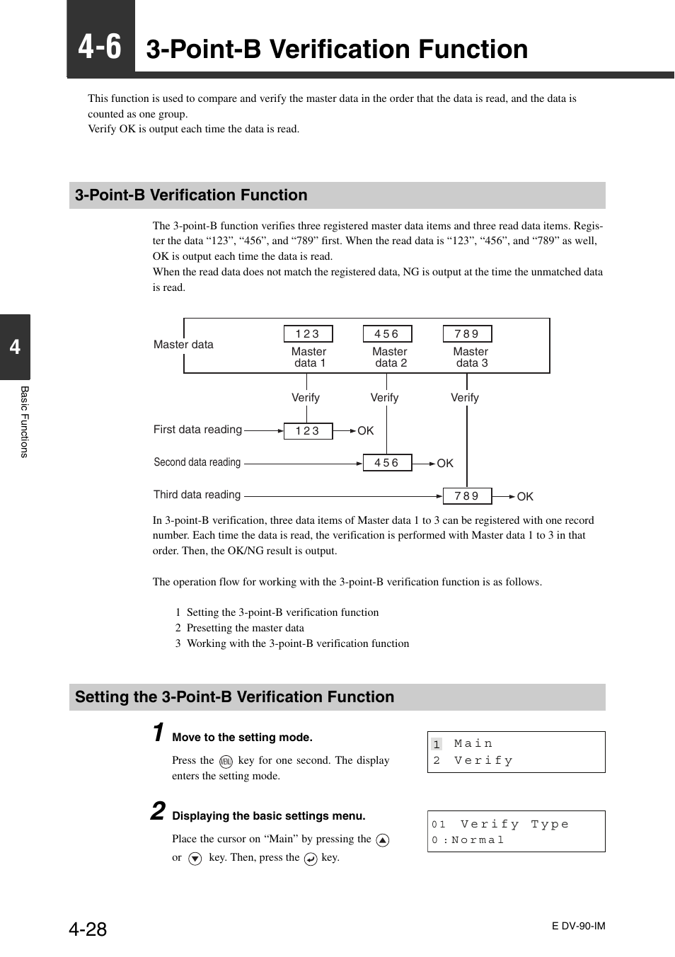 6 3-point-b verification function, Point-b verification function, Setting the 3-point-b verification function | Point-b verification function -28 | KEYENCE DV-90 User Manual | Page 88 / 262