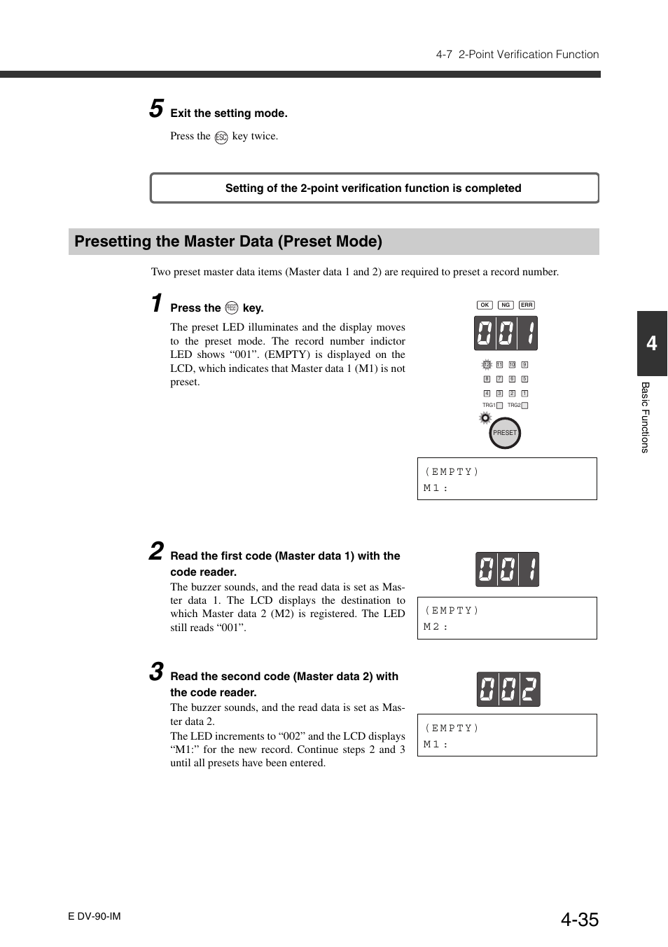 Presetting the master data (preset mode), Presetting the master data (preset mode) -35 | KEYENCE DV-90 User Manual | Page 95 / 262