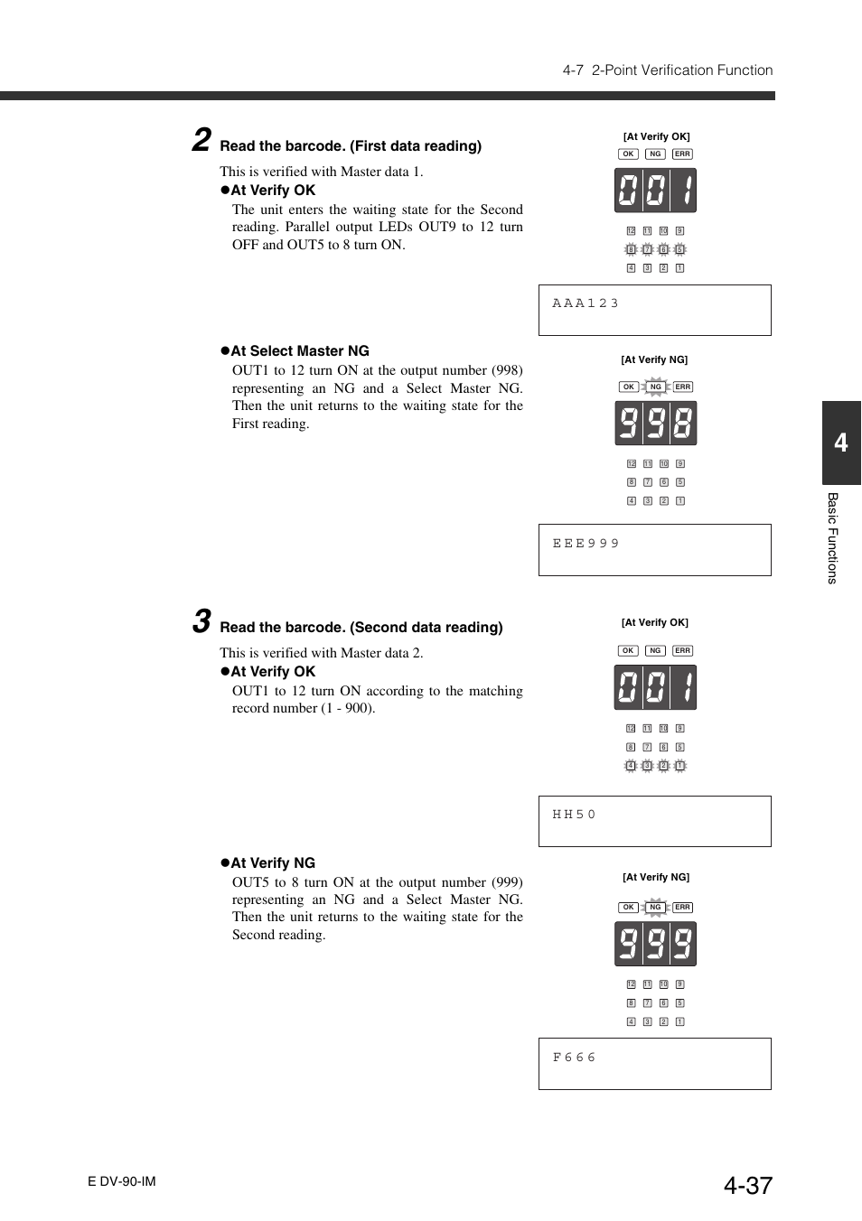 7 2-point verification function, A a a 1 2 3, E e e 9 9 9 | H h 5 0, F 6 6 6, E dv-90-im ba si c func tions | KEYENCE DV-90 User Manual | Page 97 / 262