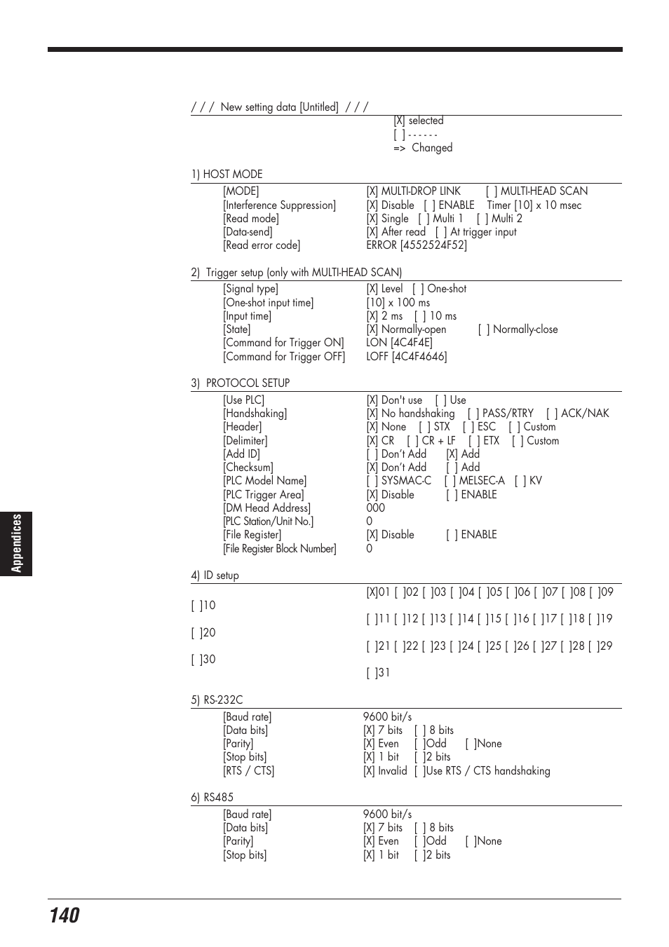 J sample printout of setting list, Appendix j sample printout of setting list | KEYENCE N-400 User Manual | Page 148 / 150