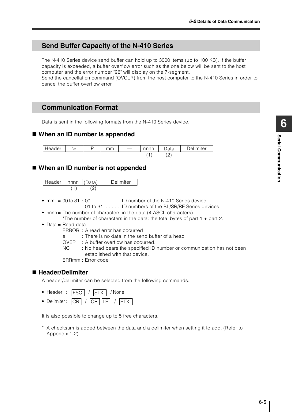 Send buffer capacity of the n-410 series, Communication format, Header/delimiter | KEYENCE N-410 User Manual | Page 101 / 160