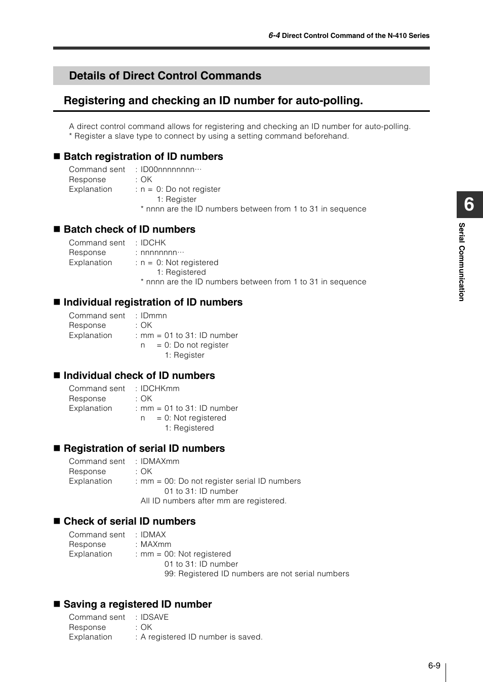 Details of direct control commands, Details of direct control commands -9, Batch registration of id numbers | Batch check of id numbers, Individual registration of id numbers, Individual check of id numbers, Registration of serial id numbers, Check of serial id numbers, Saving a registered id number | KEYENCE N-410 User Manual | Page 105 / 160