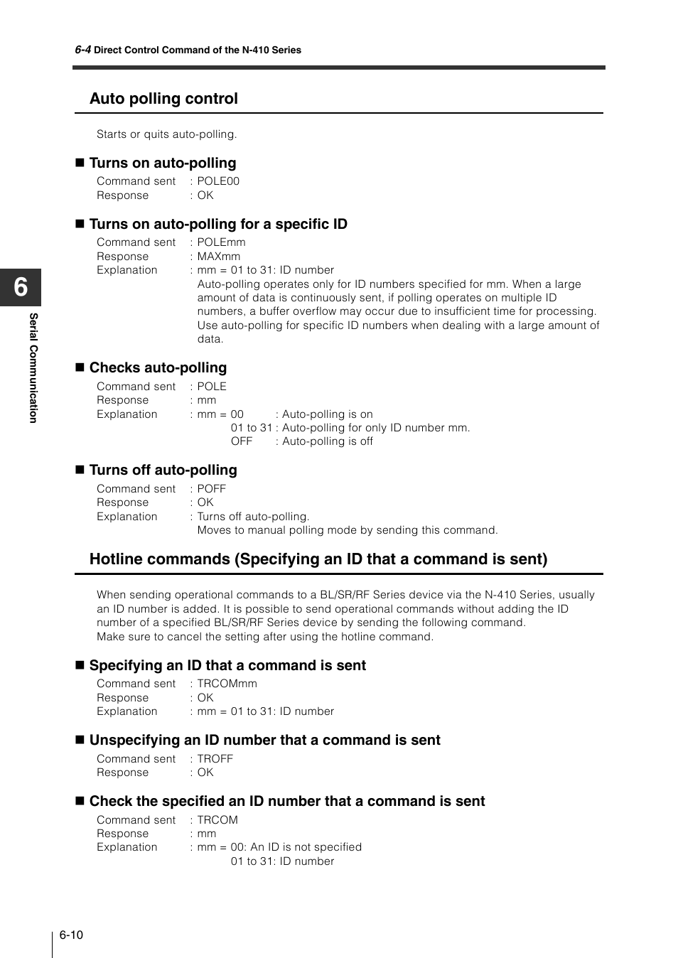 Auto polling control, Turns on auto-polling, Turns on auto-polling for a specific id | Checks auto-polling, Turns off auto-polling, Specifying an id that a command is sent, Unspecifying an id number that a command is sent | KEYENCE N-410 User Manual | Page 106 / 160