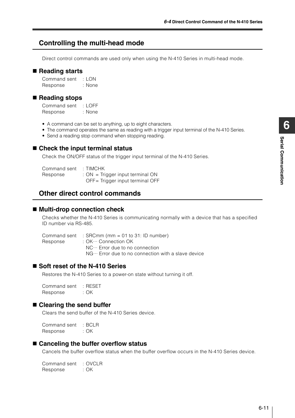 Controlling the multi-head mode, Other direct control commands, Reading starts | Reading stops, Check the input terminal status, Multi-drop connection check, Soft reset of the n-410 series, Clearing the send buffer, Canceling the buffer overflow status | KEYENCE N-410 User Manual | Page 107 / 160