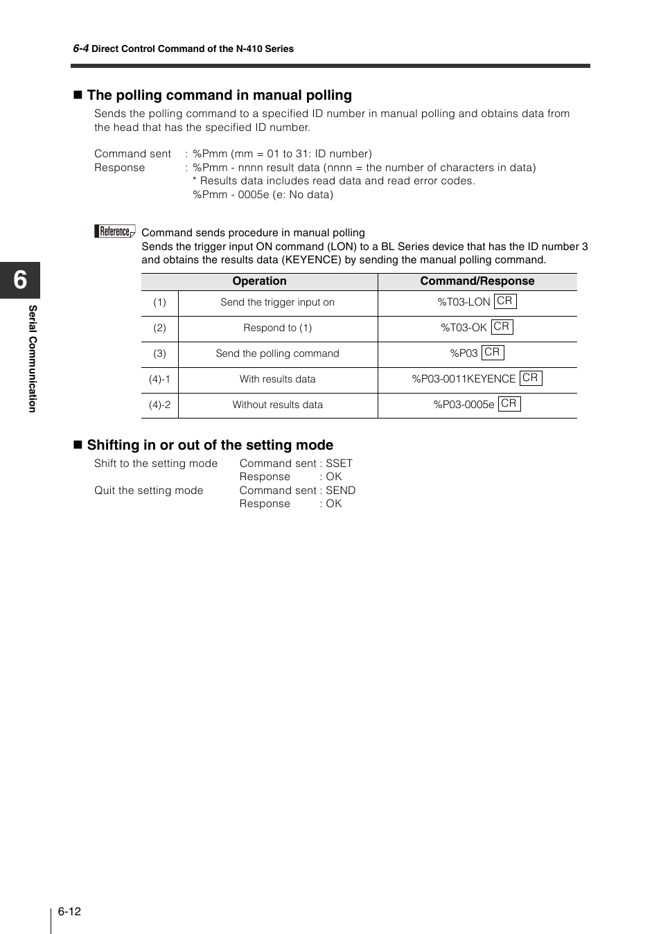 The polling command in manual polling, Shifting in or out of the setting mode | KEYENCE N-410 User Manual | Page 108 / 160