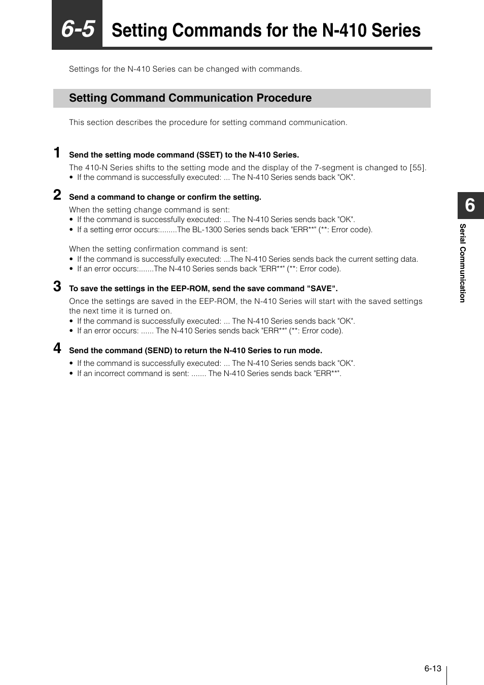 5 setting commands for the n-410 series, Setting command communication procedure, Setting commands for the n-410 series -13 | Setting command communication procedure -13, Setting commands for the n-410 series | KEYENCE N-410 User Manual | Page 109 / 160