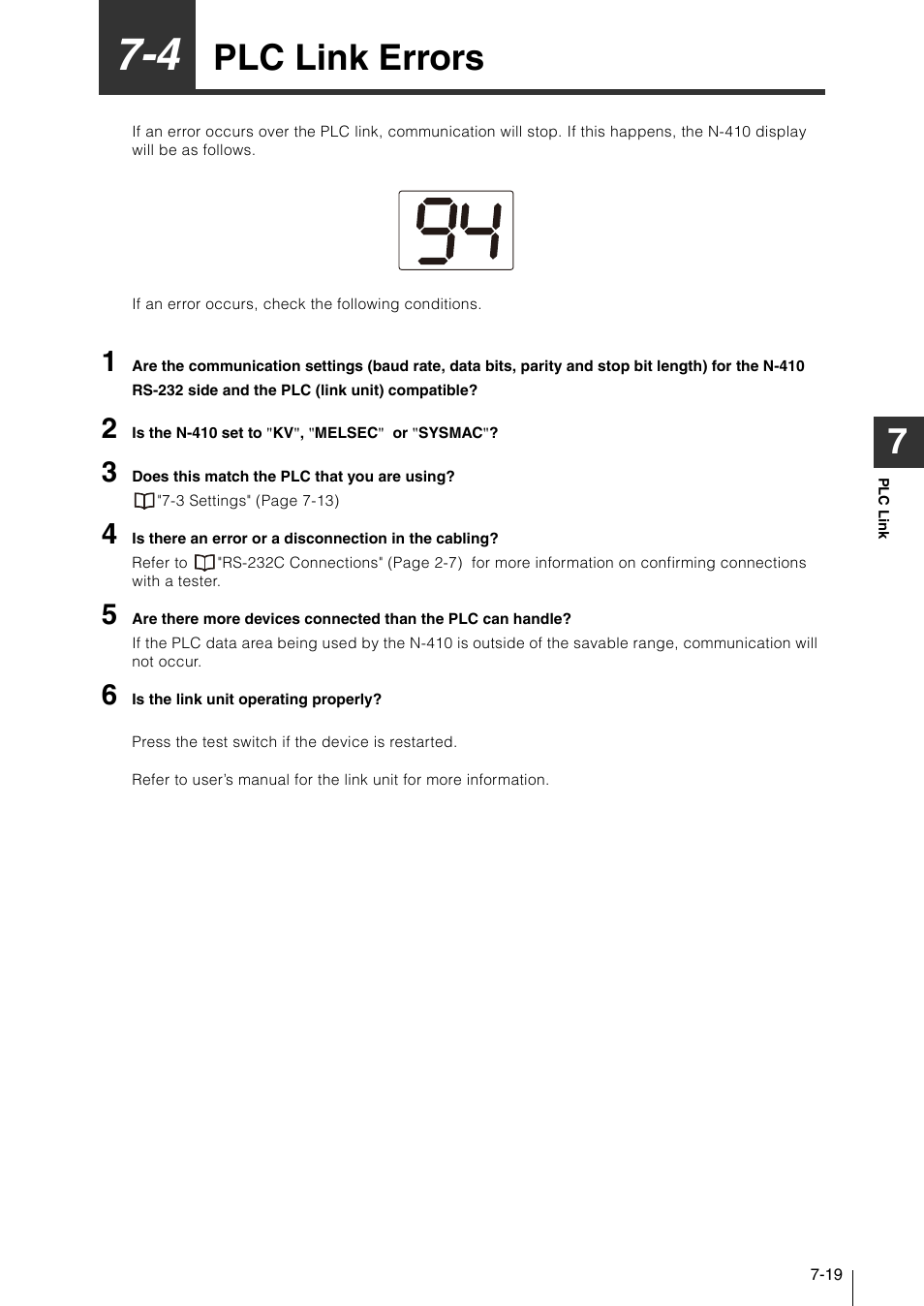 4 plc link errors, Plc link errors -19, Plc link errors | KEYENCE N-410 User Manual | Page 135 / 160