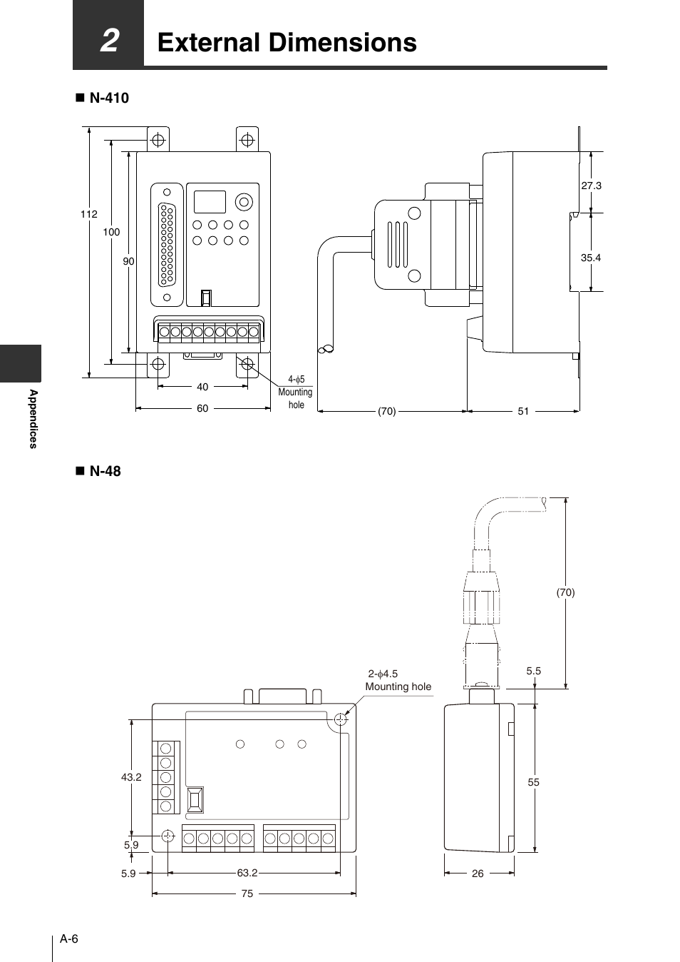2 external dimensions, External dimensions, N-410 | N-48 | KEYENCE N-410 User Manual | Page 142 / 160