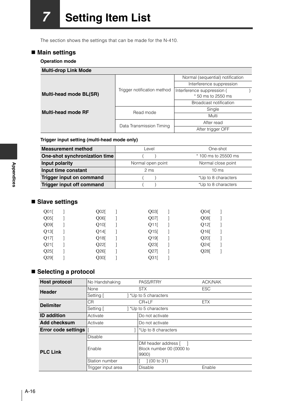7 setting item list, Setting item list, Main settings | Slave settings  selecting a protocol | KEYENCE N-410 User Manual | Page 152 / 160