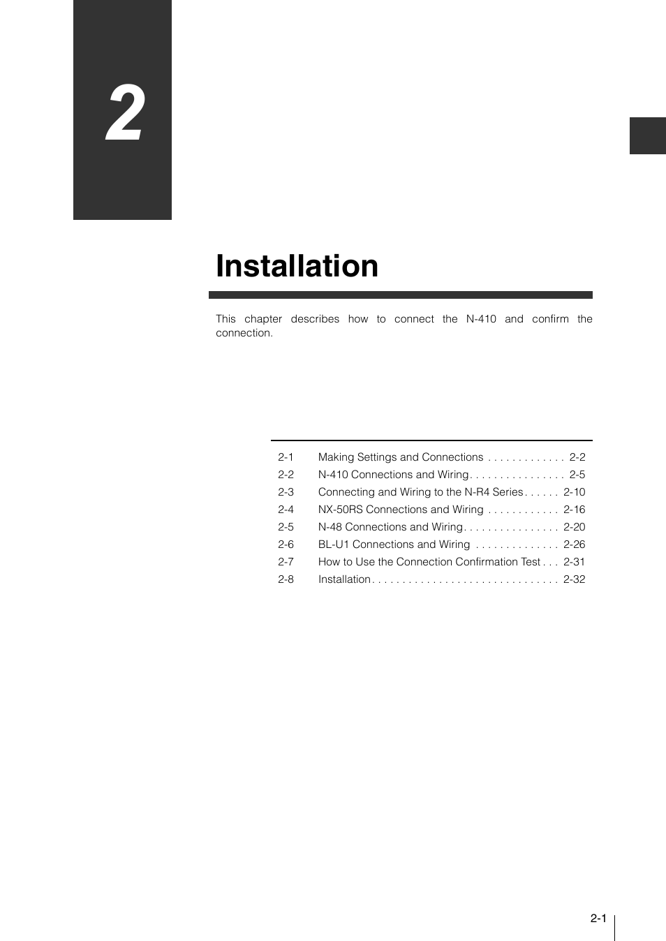 Chapter 2 installation, Installation | KEYENCE N-410 User Manual | Page 23 / 160
