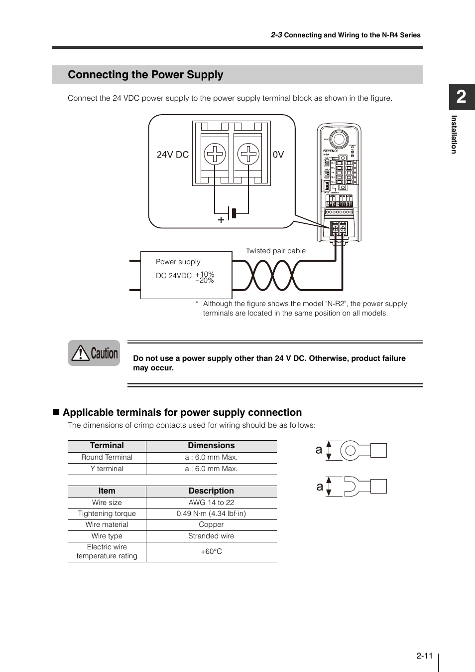 Connecting the power supply, Connecting the power supply -11, Caution | Applicable terminals for power supply connection | KEYENCE N-410 User Manual | Page 33 / 160