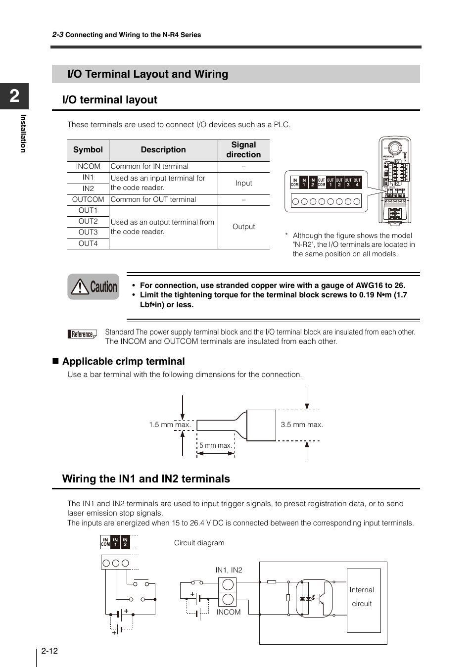 I/o terminal layout and wiring, I/o terminal layout and wiring -12, Caution | I/o terminal layout and wiring i/o terminal layout, Wiring the in1 and in2 terminals, Applicable crimp terminal | KEYENCE N-410 User Manual | Page 34 / 160