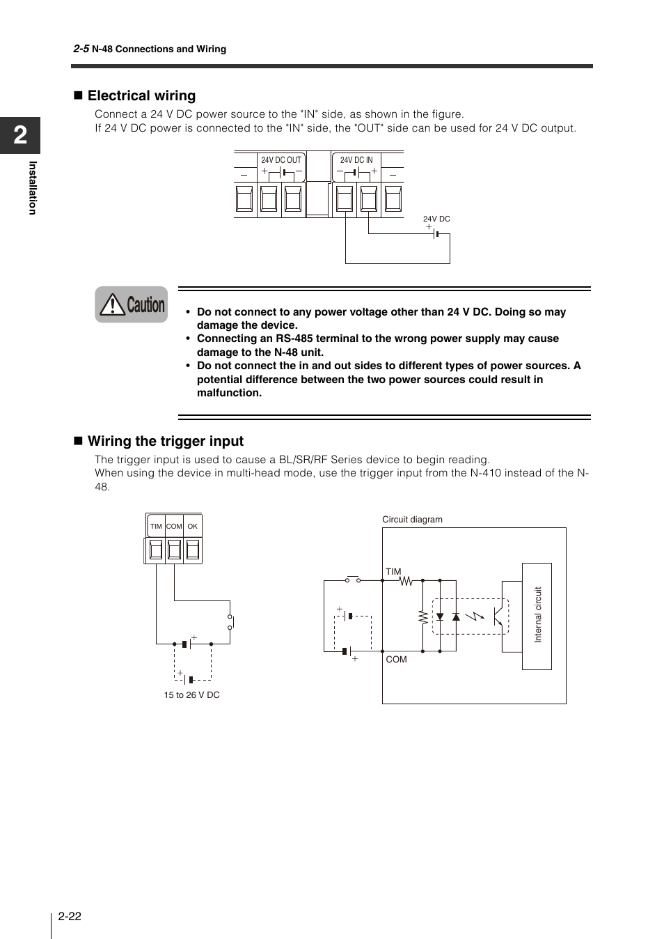 Caution, Electrical wiring, Wiring the trigger input | KEYENCE N-410 User Manual | Page 44 / 160