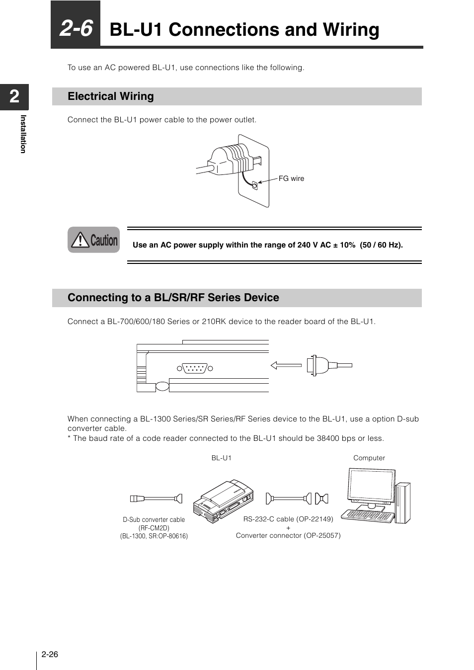 6 bl-u1 connections and wiring, Electrical wiring, Connecting to a bl/sr/rf series device | Bl-u1 connections and wiring -26, Bl-u1 connections and wiring, Caution | KEYENCE N-410 User Manual | Page 48 / 160