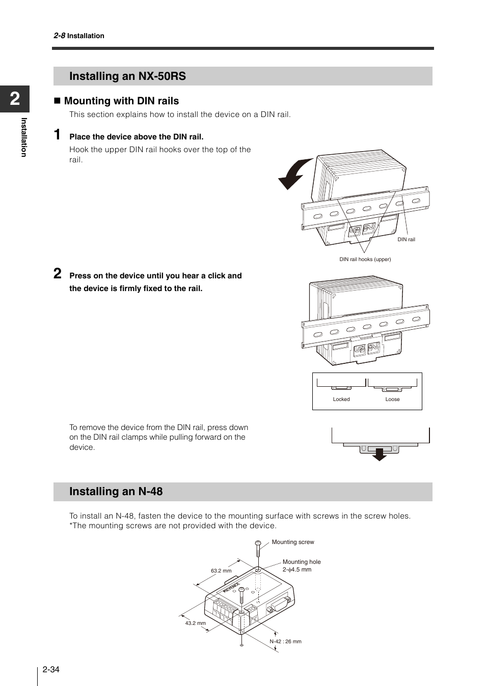 Installing an nx-50rs, Installing an n-48, Installing an nx-50rs -34 installing an n-48 -34 | Mounting with din rails | KEYENCE N-410 User Manual | Page 56 / 160