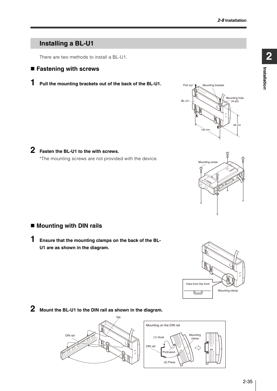 Installing a bl-u1, Installing a bl-u1 -35, Fastening with screws | Mounting with din rails | KEYENCE N-410 User Manual | Page 57 / 160