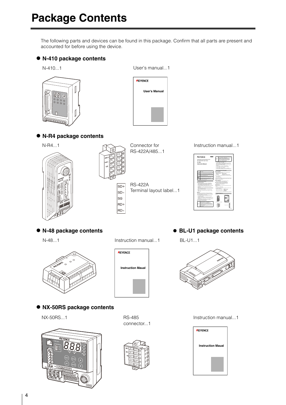 Package contents, N-410 package contents, N-r4 package contents | N-48 package contents  bl-u1 package contents, Nx-50rs package contents | KEYENCE N-410 User Manual | Page 6 / 160