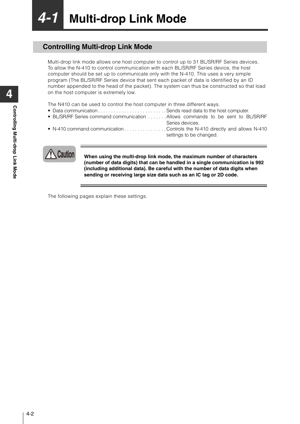 1 multi-drop link mode, Controlling multi-drop link mode, Multi-drop link mode -2 | Controlling multi-drop link mode -2, Multi-drop link mode, Caution | KEYENCE N-410 User Manual | Page 76 / 160