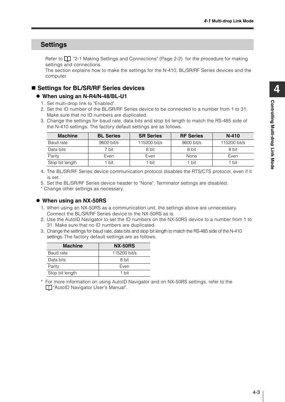 Settings, Settings -3, Settings for bl/sr/rf series devices | KEYENCE N-410 User Manual | Page 77 / 160