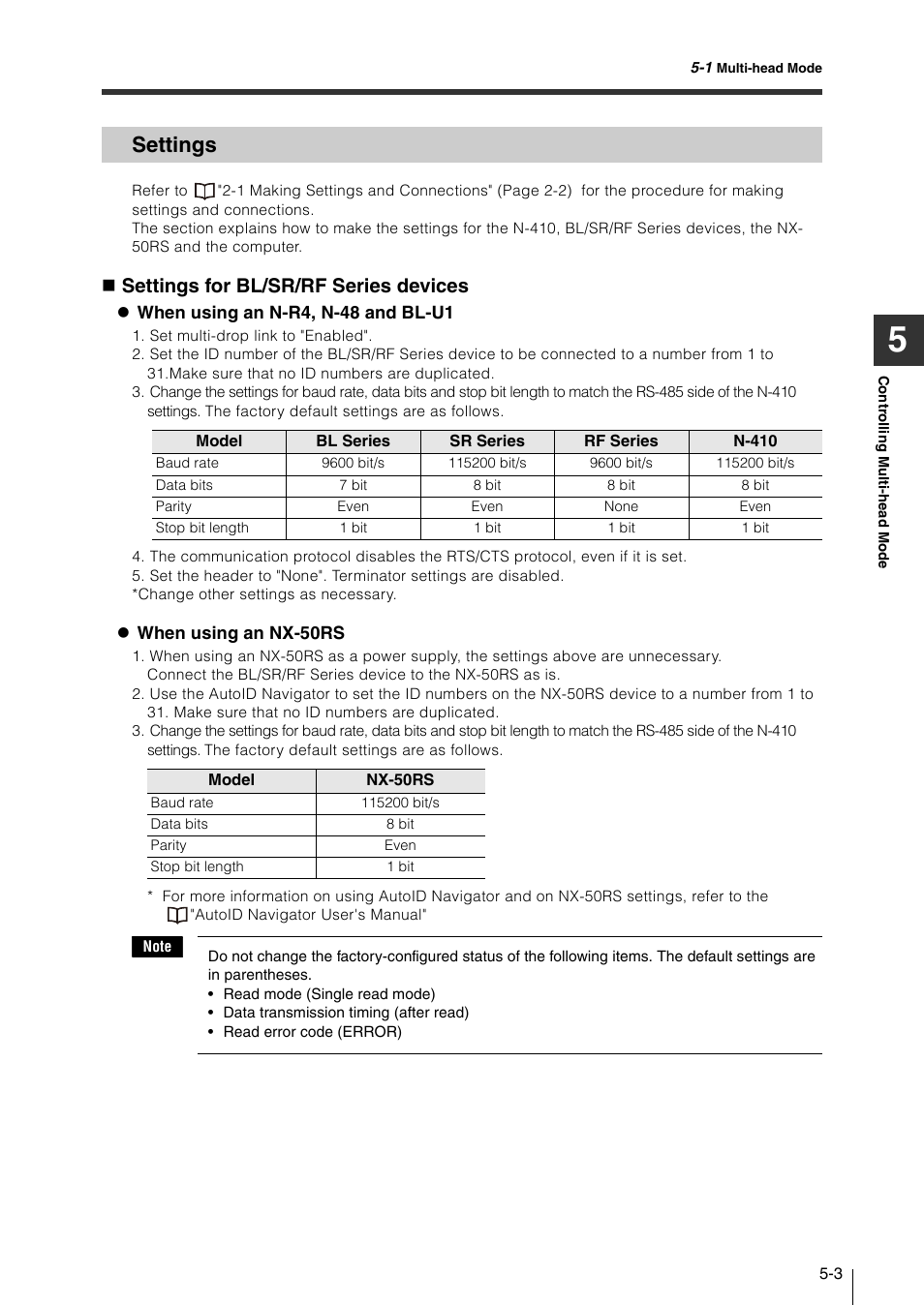 Settings, Settings -3, Settings for bl/sr/rf series devices | KEYENCE N-410 User Manual | Page 87 / 160