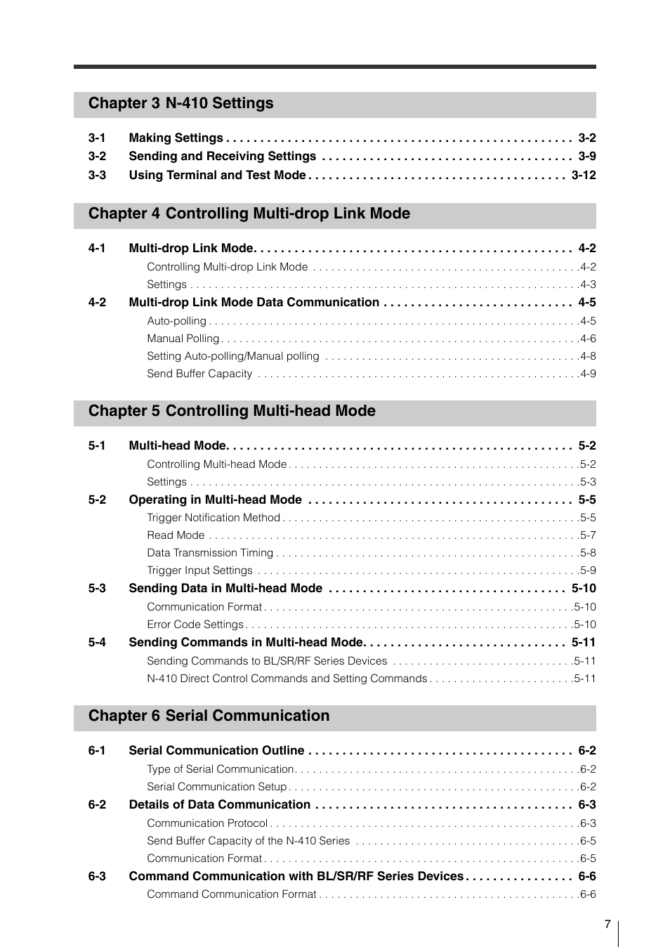 Chapter 3 n-410 settings, Chapter 4 controlling multi-drop link mode, Chapter 5 controlling multi-head mode | Chapter 6 serial communication | KEYENCE N-410 User Manual | Page 9 / 160