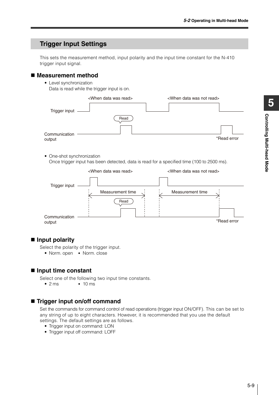 Trigger input settings, Trigger input settings -9, Measurement method | Input polarity, Input time constant, Trigger input on/off command | KEYENCE N-410 User Manual | Page 93 / 160