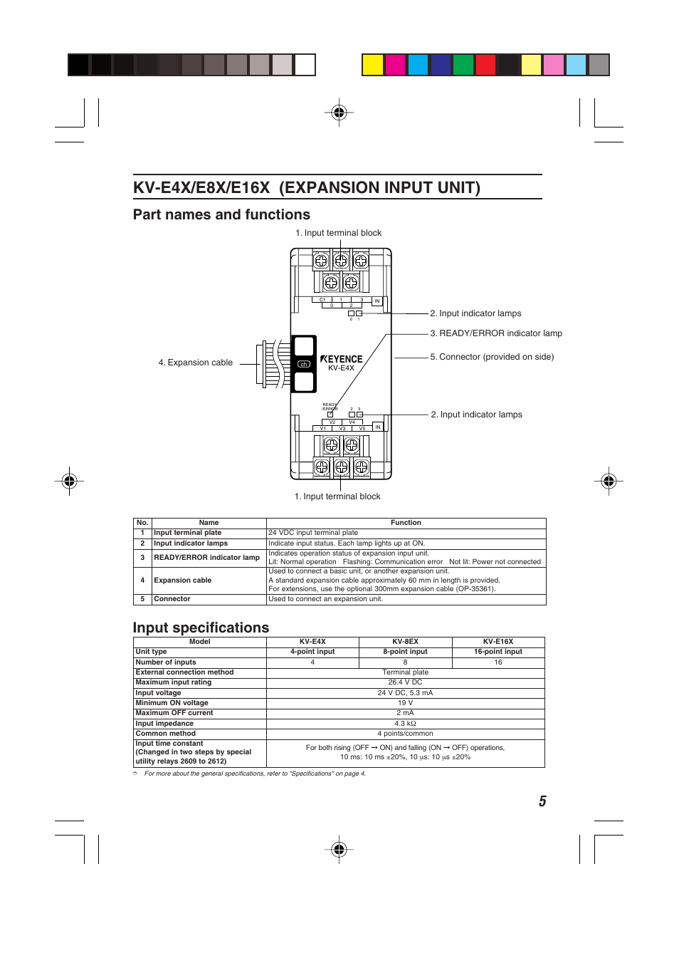 Kv-e4x/e8x/e16x (expansion input unit), Part names and functions, Input specifications | KEYENCE KV Series User Manual | Page 7 / 26