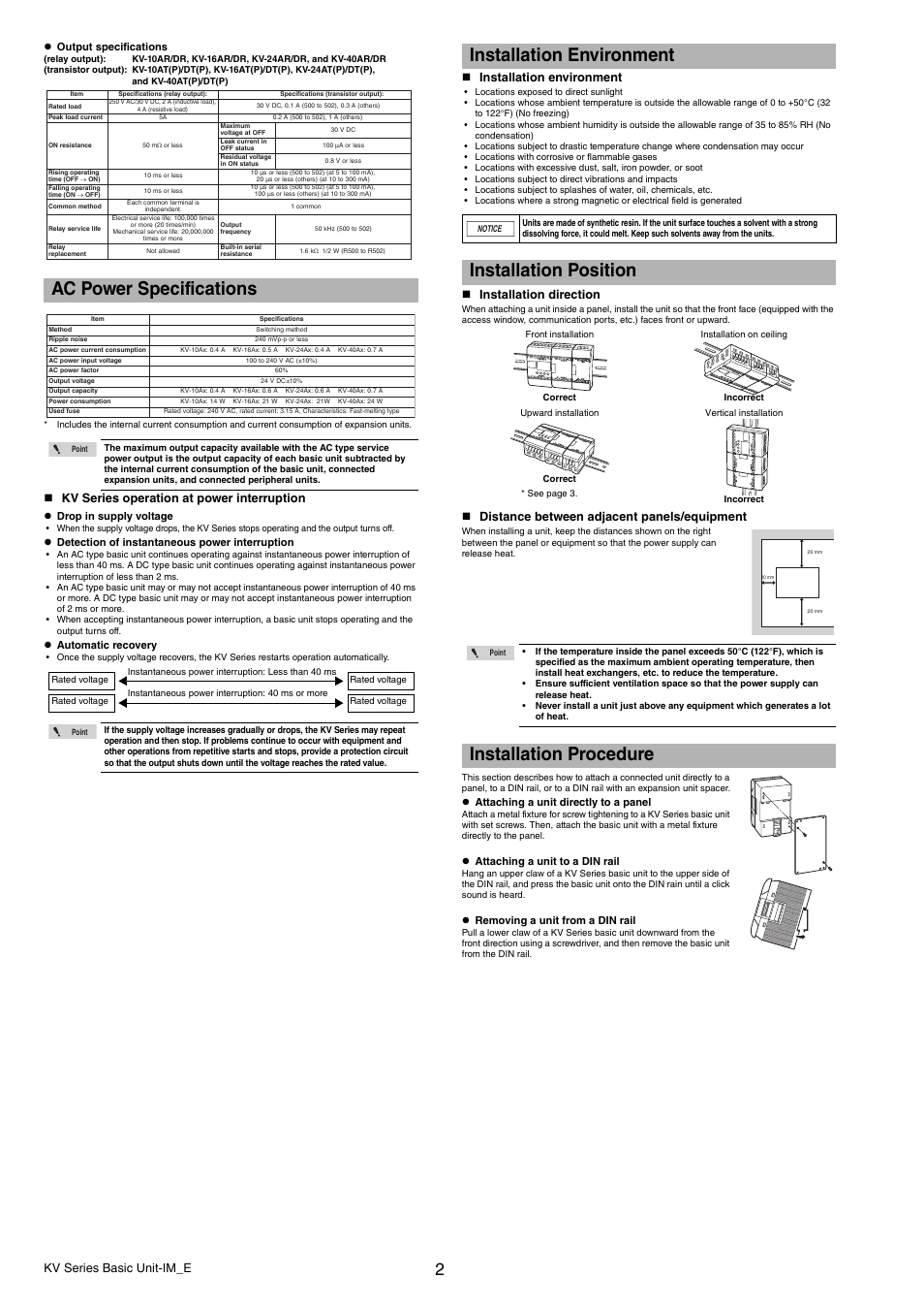 Ac power specifications, Installation environment, Installation position | Installation procedure, Kv series basic unit-im_e, Kv series operation at power interruption, Installation direction, Distance between adjacent panels/equipment, Output specifications, Drop in supply voltage | KEYENCE KV Series User Manual | Page 2 / 6