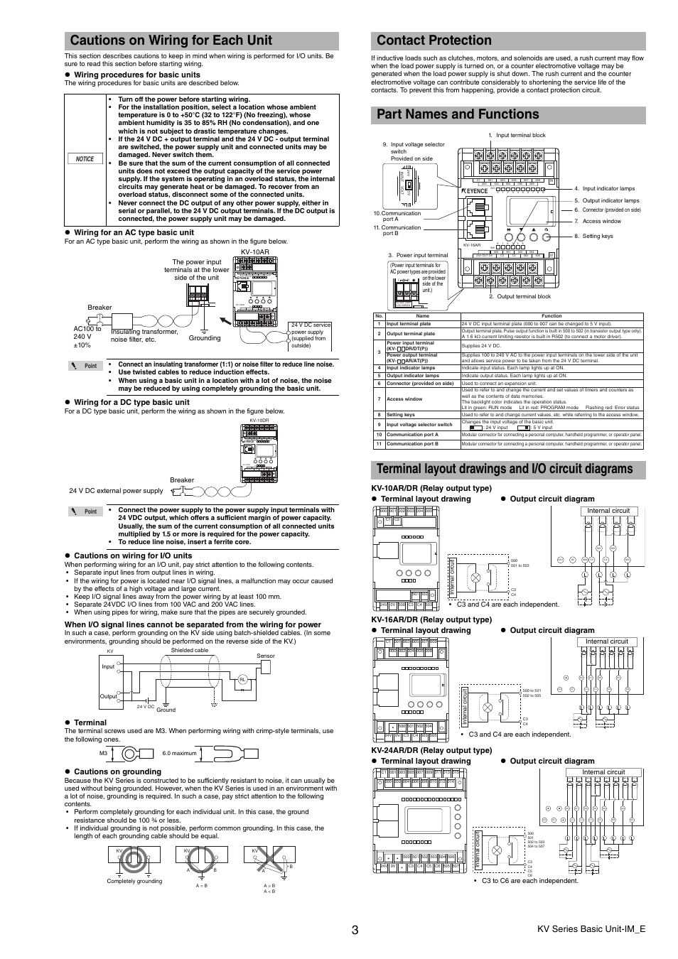 Cautions on wiring for each unit, Contact protection, Part names and functions | Terminal layout drawings and i/o circuit diagrams, Kv series basic unit-im_e, Wiring procedures for basic units, Wiring for an ac type basic unit, Wiring for a dc type basic unit, Cautions on wiring for i/o units, Terminal | KEYENCE KV Series User Manual | Page 3 / 6