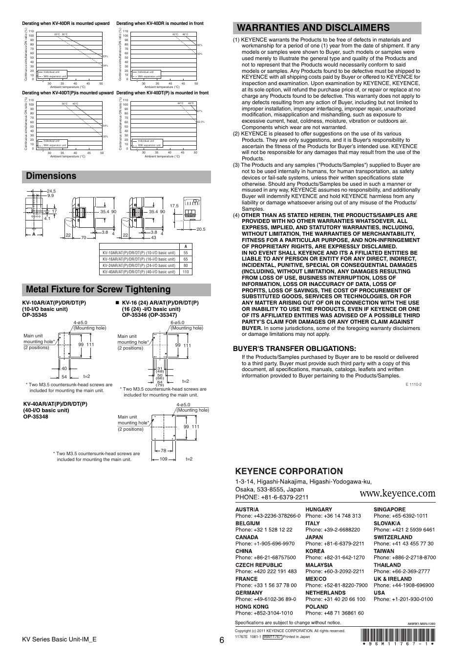 Dimensions, Metal fixture for screw tightening, Warranties and disclaimers | Dimensions metal fixture for screw tightening, Buyer's transfer obligations, Kv series basic unit-im_e | KEYENCE KV Series User Manual | Page 6 / 6