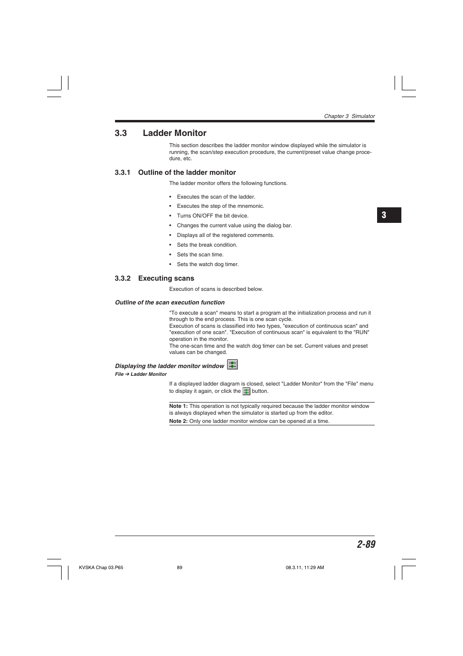 3 ladder monitor, 1 outline of the ladder monitor, 2 executing scans | Outline of the scan execution function, Displaying the ladder monitor window, 13 3.3 ladder monitor | KEYENCE KV Series User Manual | Page 113 / 240