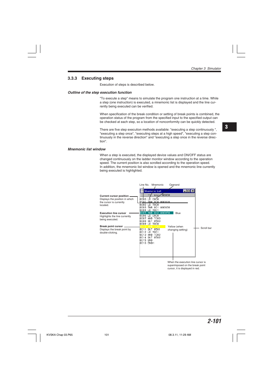 3 executing steps, Outline of the step execution function, Mnemonic list window | KEYENCE KV Series User Manual | Page 125 / 240