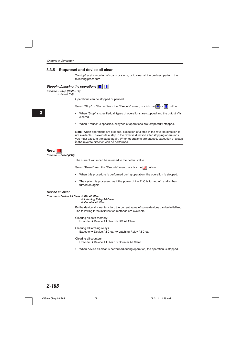 5 stop/reset and device all clear, Stopping/pausing the operations, Reset | Device all clear | KEYENCE KV Series User Manual | Page 132 / 240