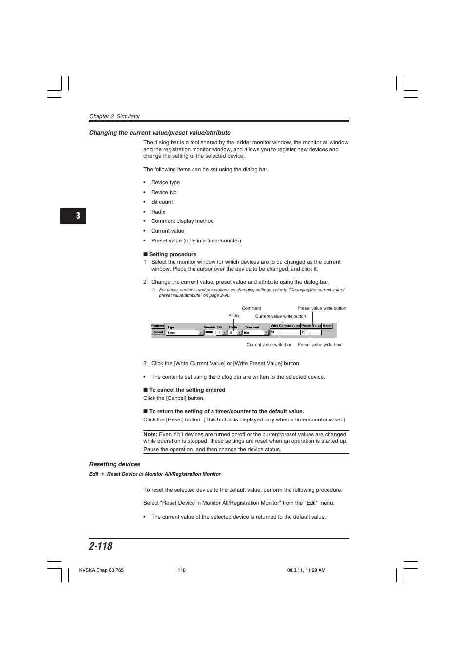 Changing the current value/preset value/attribute, Resetting devices | KEYENCE KV Series User Manual | Page 142 / 240