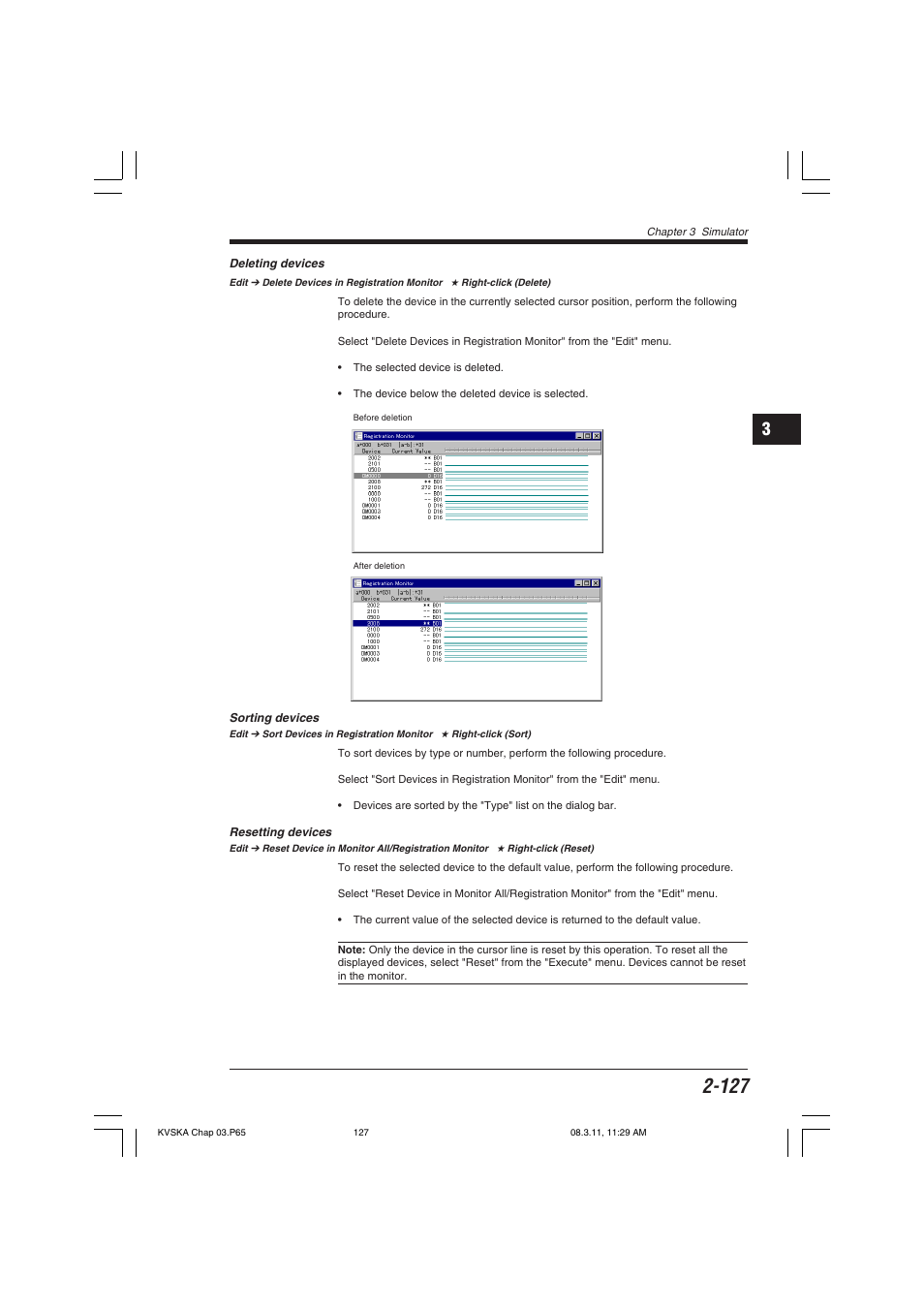 Deleting devices, Sorting devices, Resetting devices | KEYENCE KV Series User Manual | Page 151 / 240