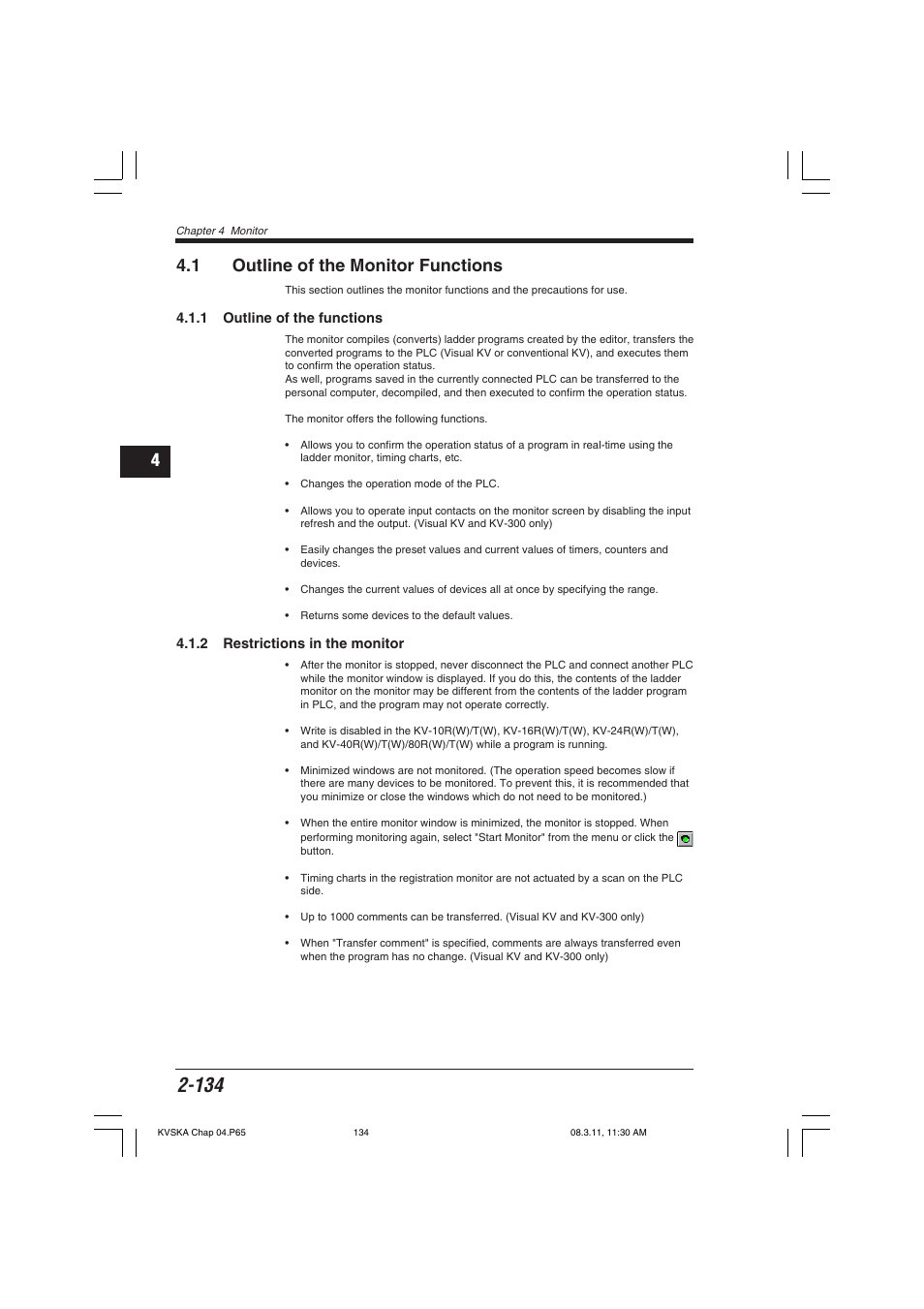 1 outline of the monitor functions, 1 outline of the functions, 2 restrictions in the monitor | KEYENCE KV Series User Manual | Page 158 / 240