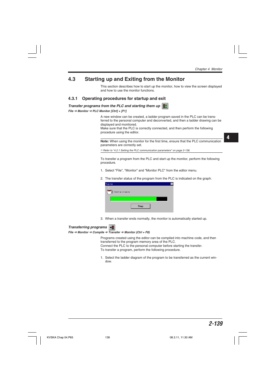 3 starting up and exiting from the monitor, 1 operating procedures for startup and exit, Transferring programs | 14 4.3 starting up and exiting from the monitor | KEYENCE KV Series User Manual | Page 163 / 240