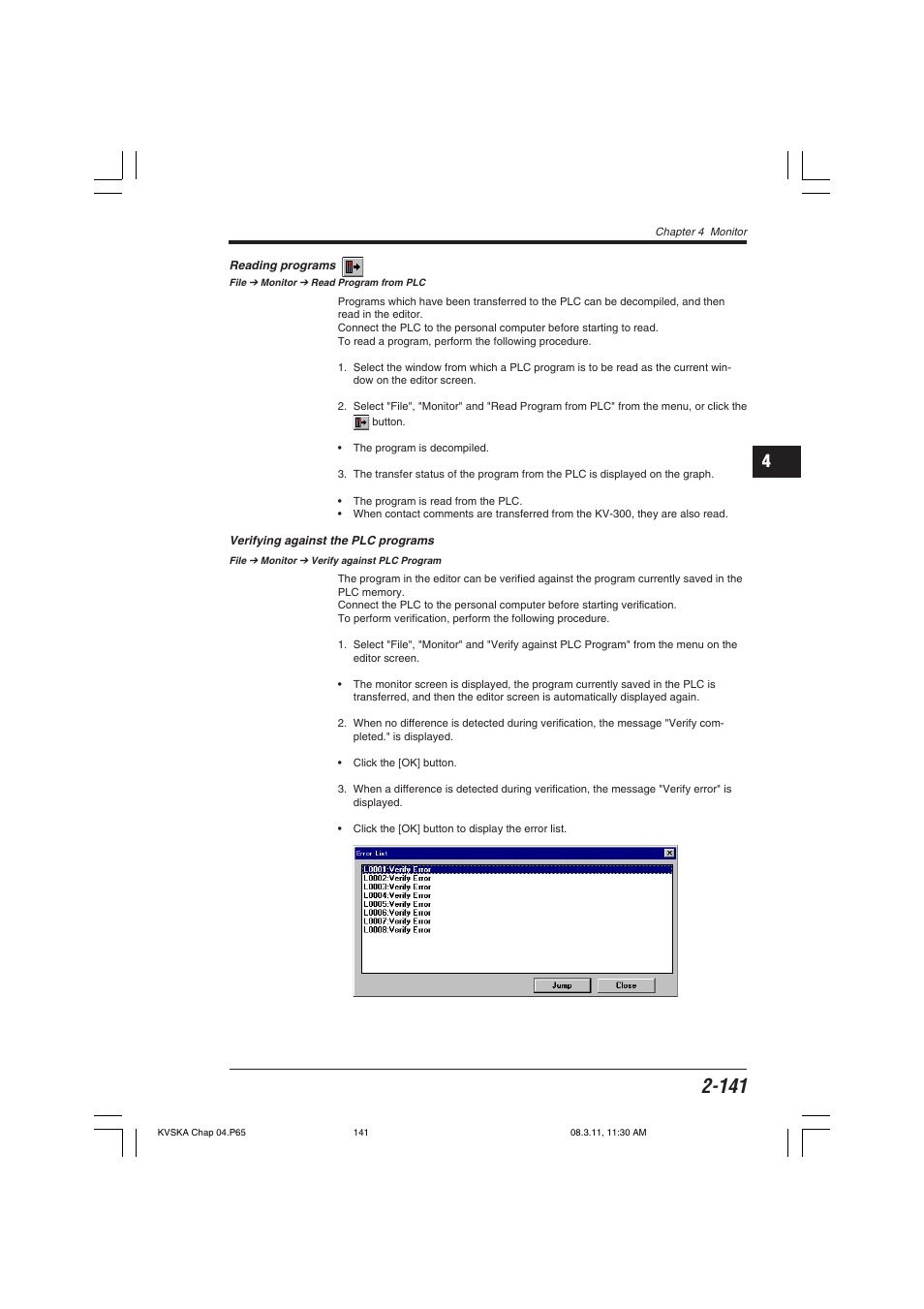 Reading programs, Verifying against the plc programs | KEYENCE KV Series User Manual | Page 165 / 240