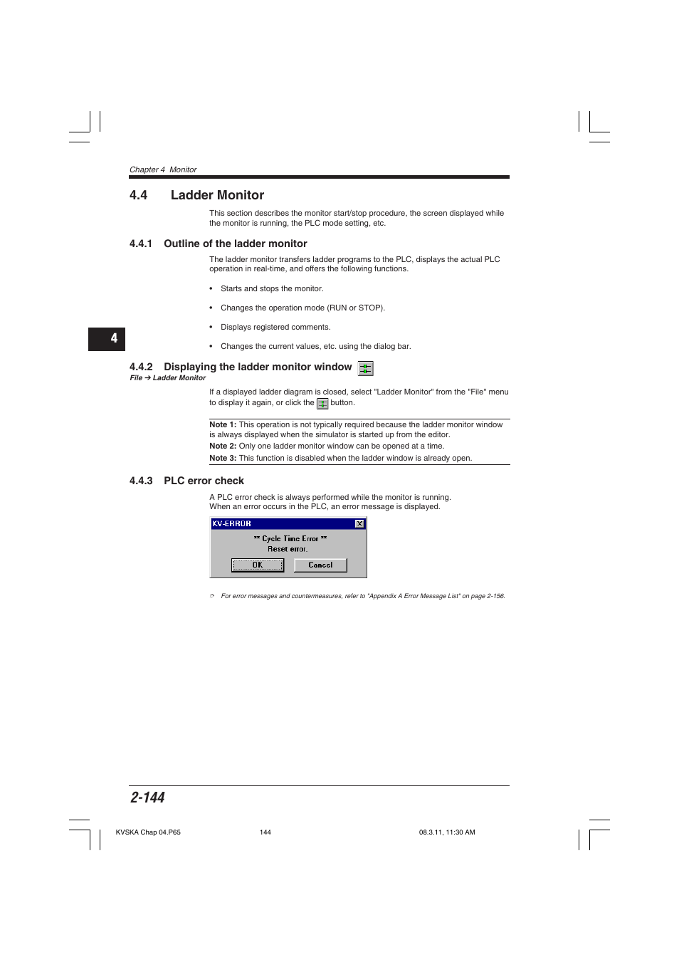 4 ladder monitor, 1 outline of the ladder monitor, 2 displaying the ladder monitor window | 3 plc error check | KEYENCE KV Series User Manual | Page 168 / 240