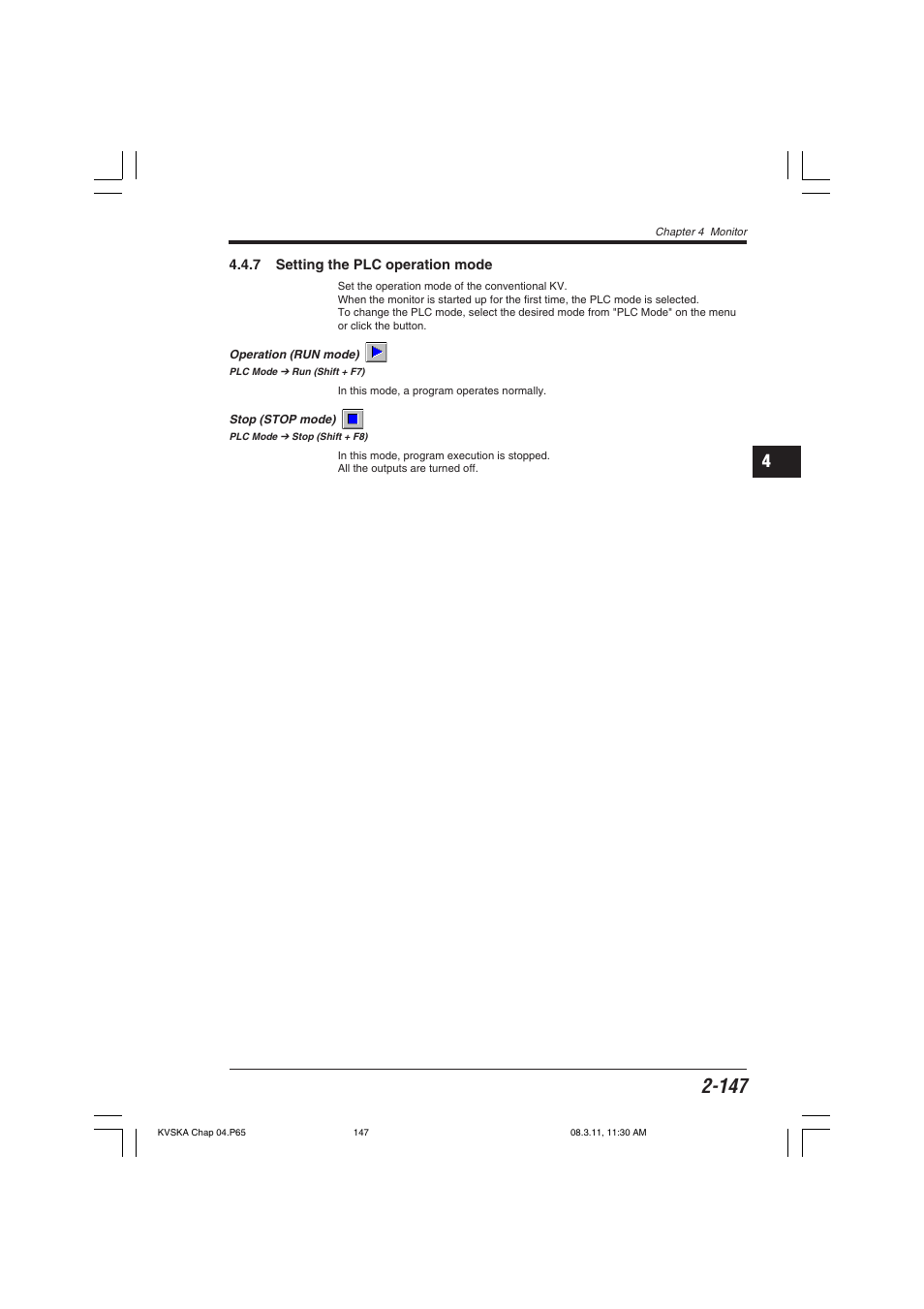7 setting the plc operation mode, Operation (run mode, Stop (stop mode | KEYENCE KV Series User Manual | Page 171 / 240
