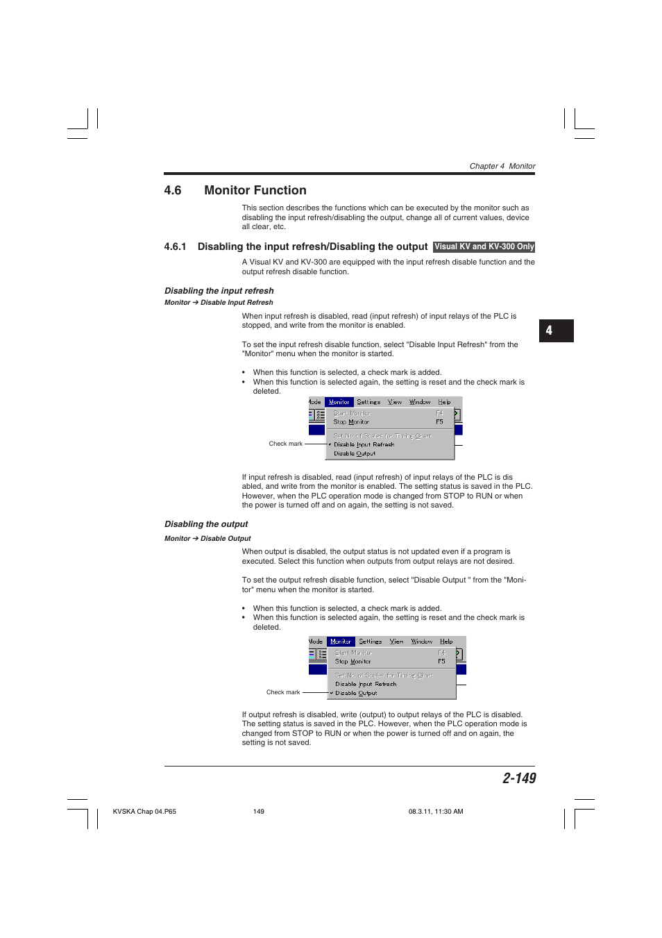 6 monitor function, 1 disabling the input refresh/disabling the output, Disabling the input refresh | Disabling the output, 14 4.6 monitor function | KEYENCE KV Series User Manual | Page 173 / 240