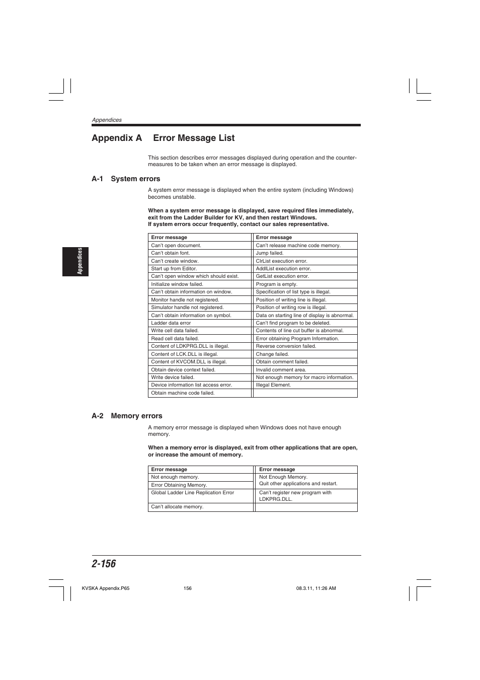 Appendix a error message list, A-1 system errors, A-2 memory errors | KEYENCE KV Series User Manual | Page 180 / 240