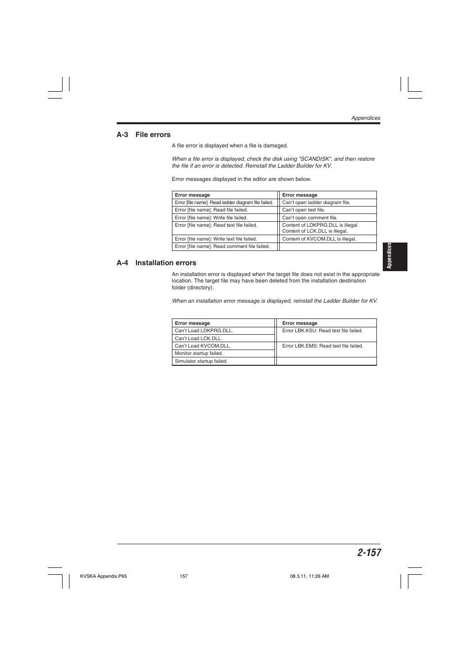 A-3 file errors, A-4 installation errors | KEYENCE KV Series User Manual | Page 181 / 240